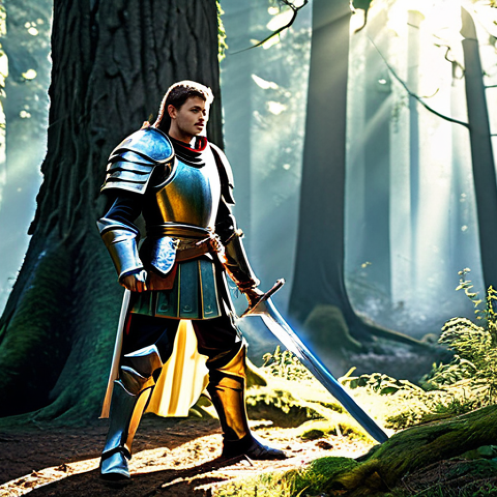 메이플스토리 초보자 가이드 - **Prompt:** "A brave warrior, clad in shining armor (plate armor), wielding a massive sword, stands ...